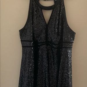 Black Sequin Halter Neck Velvet Babydoll Dress